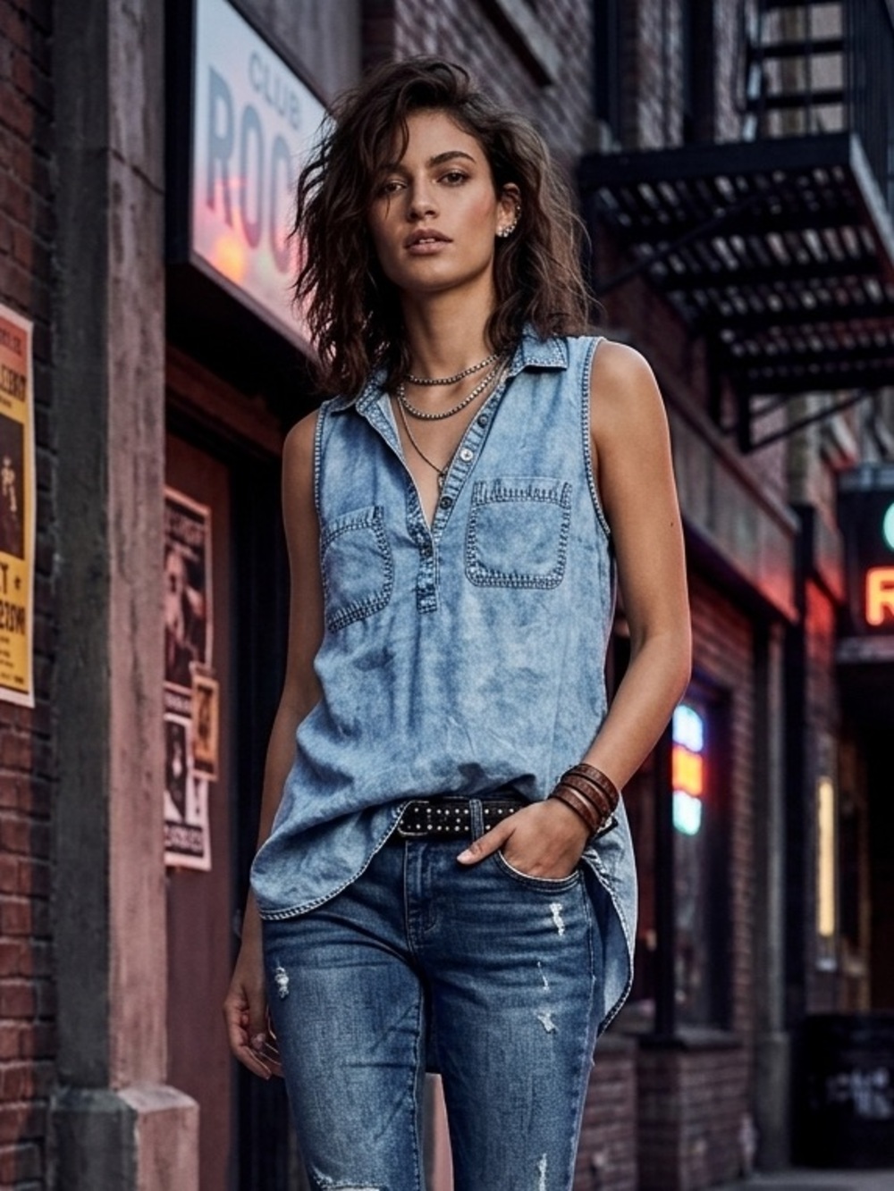 Rock & Republic Women's Acid Wash Denim Sleeveless Top - Lace-Up Open Back Small